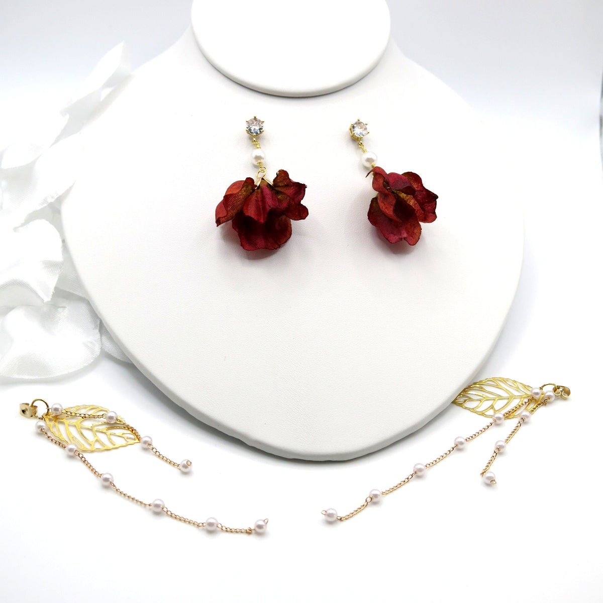 Camellia Silk Flower Chain Earrings, Custom Floral Wedding Earrings, Bridal Floral Boho Dangle Earrings - KaleaBoutique.com