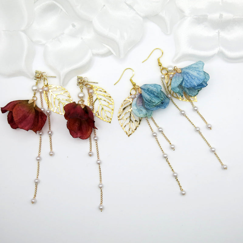 Camellia Silk Flower Chain Earrings, Custom Floral Wedding Earrings, Bridal Floral Boho Dangle Earrings - KaleaBoutique.com