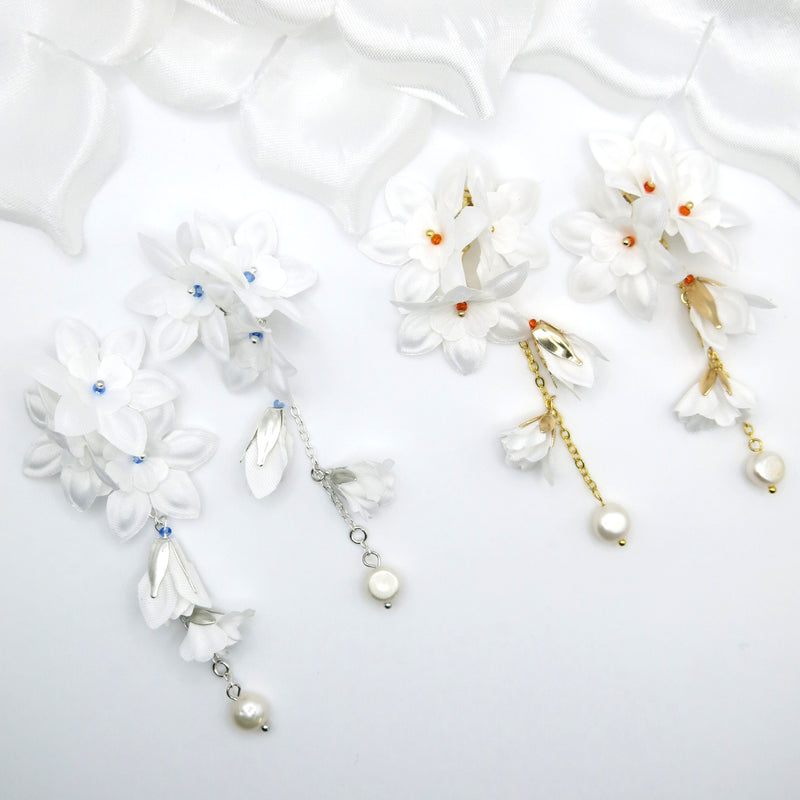 Snowdrop Anemone Silk White Flower Chain Earrings, Custom Floral Wedding Earrings, Bridal Floral Statement Earrings - KaleaBoutique.com