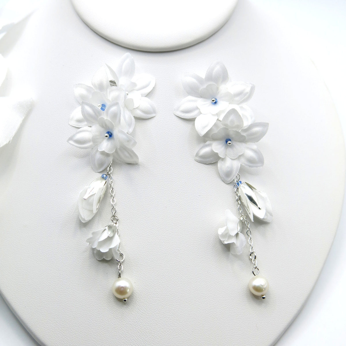 Snowdrop Anemone Silk White Flower Chain Earrings, Custom Floral Wedding Earrings, Bridal Floral Statement Earrings - KaleaBoutique.com