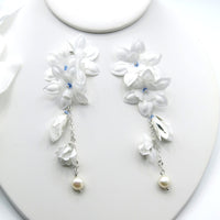 Snowdrop Anemone Silk White Flower Chain Earrings, Custom Floral Wedding Earrings, Bridal Floral Statement Earrings - KaleaBoutique.com