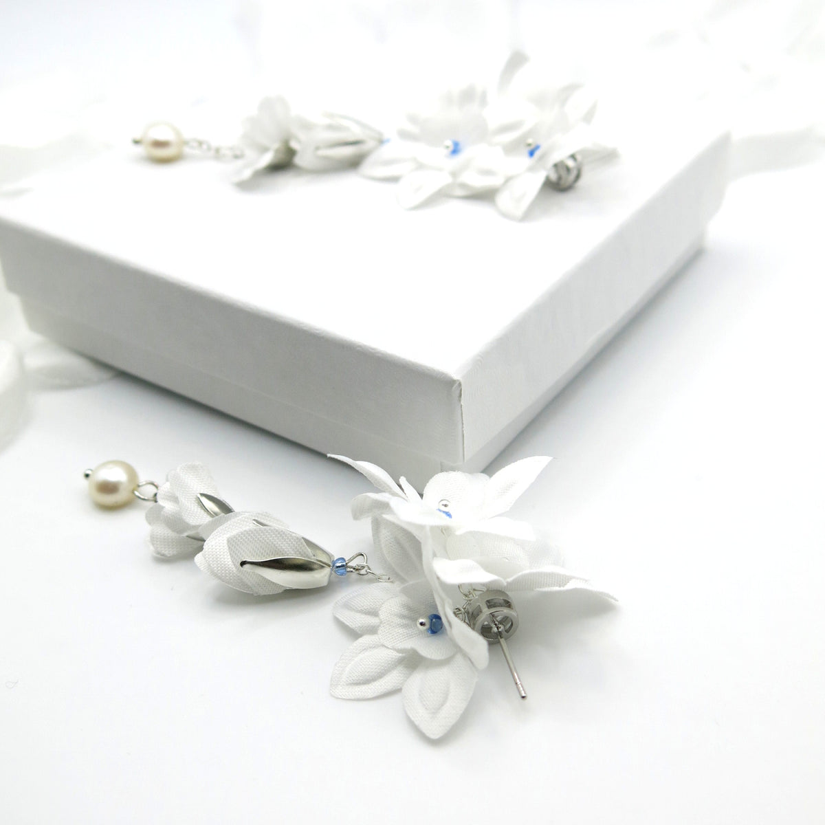 Snowdrop Anemone Silk White Flower Chain Earrings, Custom Floral Wedding Earrings, Bridal Floral Statement Earrings - KaleaBoutique.com
