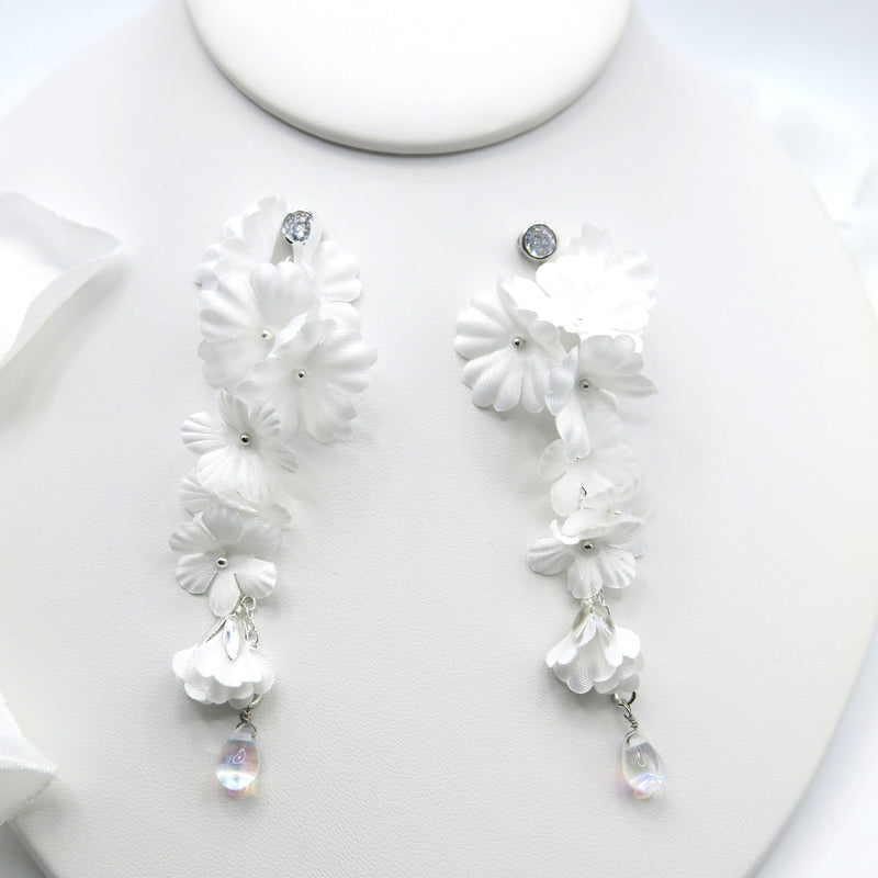 Morning Dew Silk White Flower Dangle Earrings, Custom Floral Wedding Earrings, Bridal Floral Statement Earrings - KaleaBoutique.com