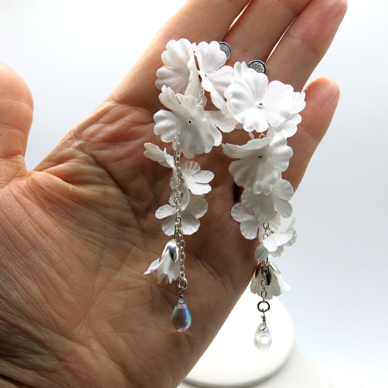 Morning Dew Silk White Flower Dangle Earrings, Custom Floral Wedding Earrings, Bridal Floral Statement Earrings - KaleaBoutique.com