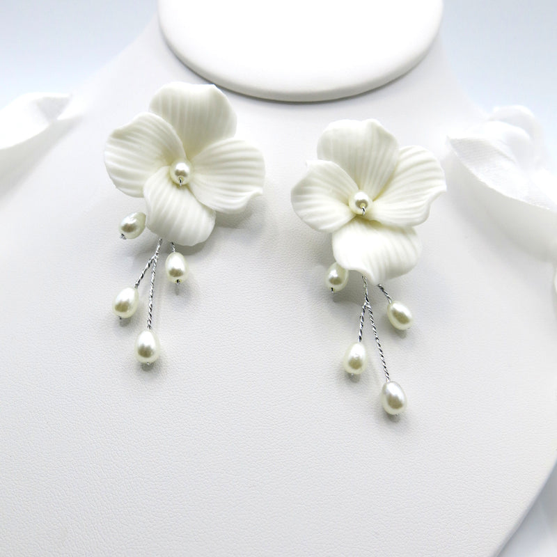 White Magnolia Floral Ceramic Earrings, Bridal White Clay Big Flower Earrings, Wedding Porcelain Large Flower Earrings - KaleaBoutique.com