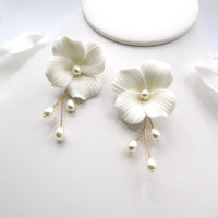 White Magnolia Floral Ceramic Earrings, Bridal White Clay Big Flower Earrings, Wedding Porcelain Large Flower Earrings - KaleaBoutique.com