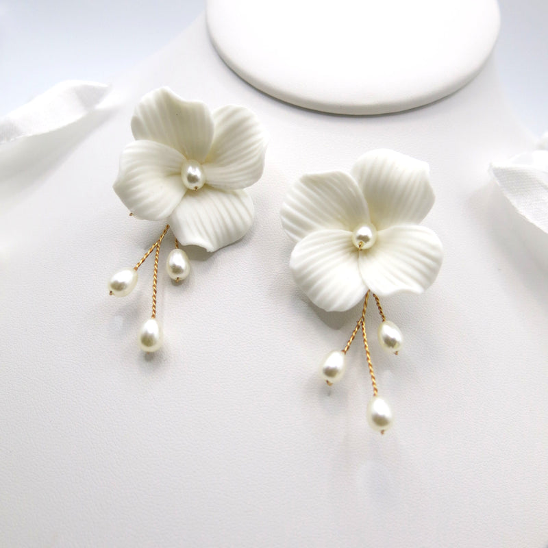 White Magnolia Floral Ceramic Earrings, Bridal White Clay Big Flower Earrings, Wedding Porcelain Large Flower Earrings - KaleaBoutique.com