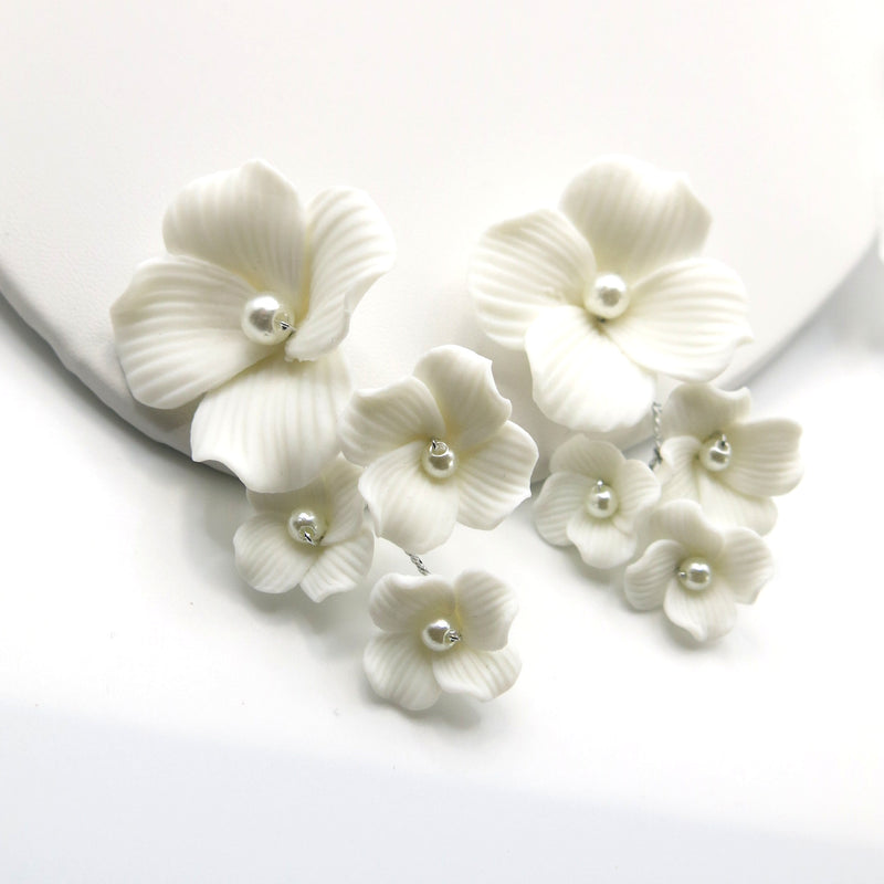 White Floral Ceramic Earrings, Bridal White Clay Big Flower Earrings, Wedding Porcelain Large Flower Earrings - KaleaBoutique.com