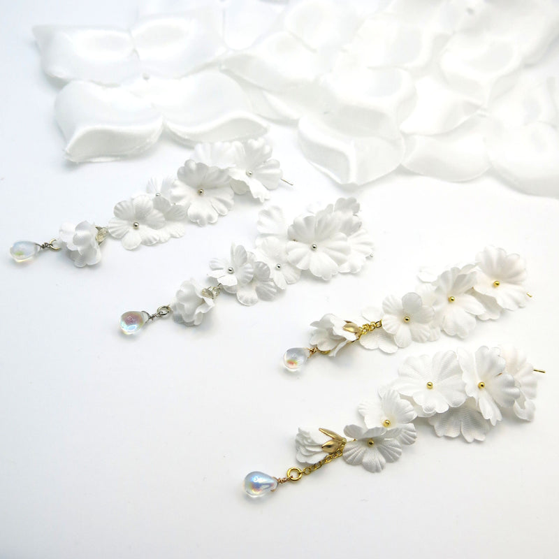 Morning Dew Silk White Flower Dangle Earrings, Custom Floral Wedding Earrings, Bridal Floral Statement Earrings - KaleaBoutique.com