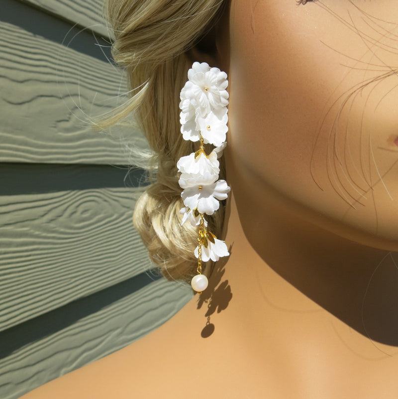 White Silk Flower Dangle Earrings, Custom Floral Wedding Earrings, Bridal Floral Statement Earrings, Silk Flower Petal Stud Earrings for Bride - KaleaBoutique.com