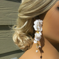 White Silk Flower Dangle Earrings, Custom Floral Wedding Earrings, Bridal Floral Statement Earrings, Silk Flower Petal Stud Earrings for Bride - KaleaBoutique.com