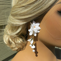 Snowdrop Anemone Silk White Flower Chain Earrings, Custom Floral Wedding Earrings, Bridal Floral Statement Earrings - KaleaBoutique.com
