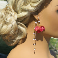 Camellia Silk Flower Chain Earrings, Custom Floral Wedding Earrings, Bridal Floral Boho Dangle Earrings - KaleaBoutique.com