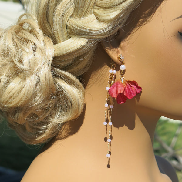 Camellia Silk Flower Chain Earrings, Custom Floral Wedding Earrings, Bridal Floral Boho Dangle Earrings - KaleaBoutique.com