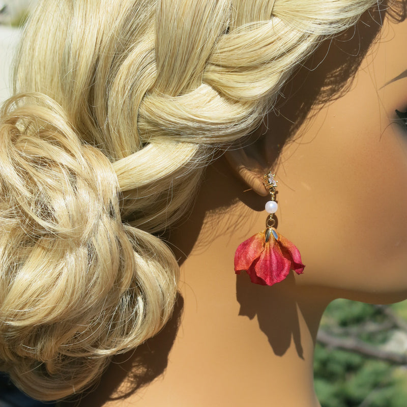 Camellia Silk Flower Chain Earrings, Custom Floral Wedding Earrings, Bridal Floral Boho Dangle Earrings - KaleaBoutique.com