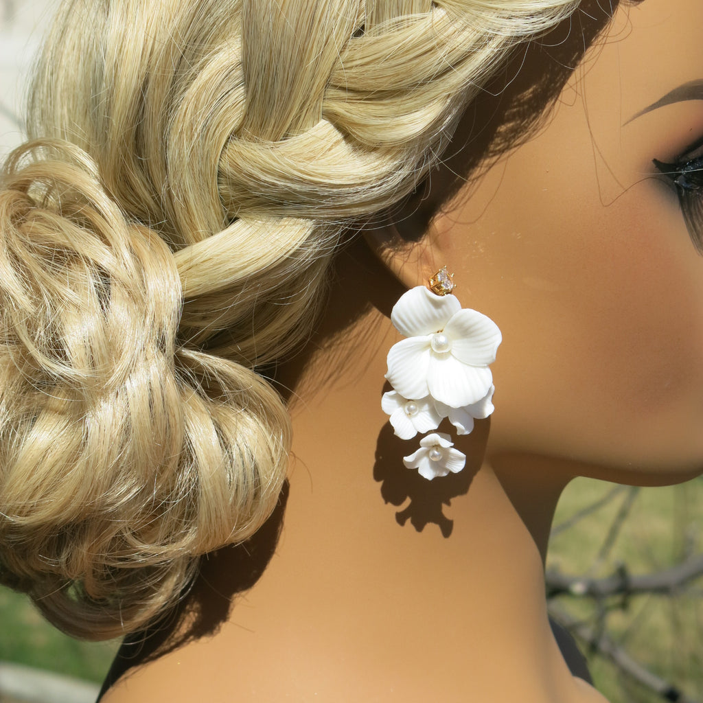 White Floral Ceramic Earrings, Bridal White Clay Big Flower Earrings, Wedding Porcelain Large Flower Earrings - KaleaBoutique.com