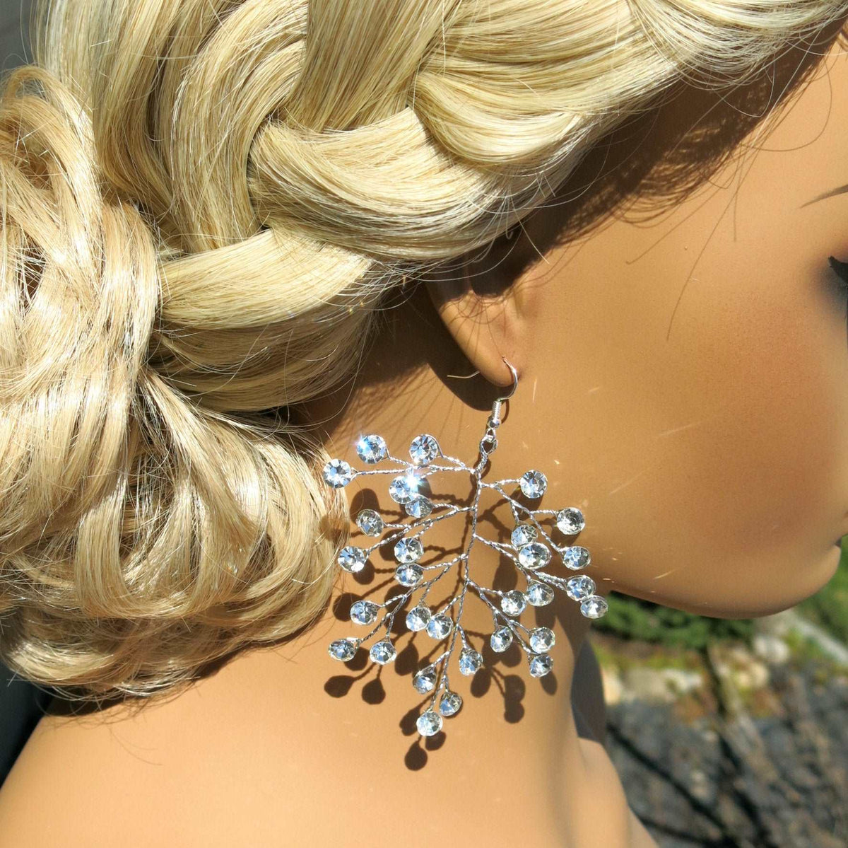 Bridal Blue Crystal Earrings, Rhinestone Earrings, Bridesmaid Dangle Crystal Earrings, Wedding Gold or Silver Wire Large Earrings - KaleaBoutique.com