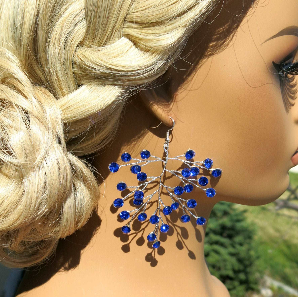 Bridal Blue Crystal Earrings, Rhinestone Earrings, Bridesmaid Dangle Crystal Earrings, Wedding Gold or Silver Wire Large Earrings - KaleaBoutique.com