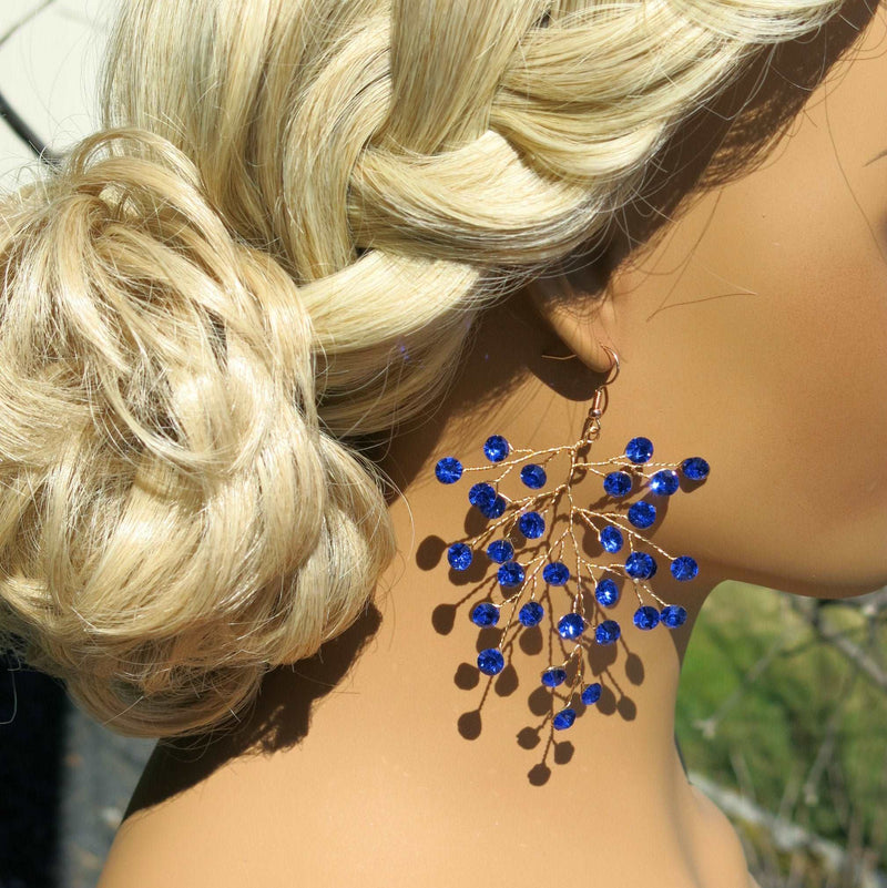 Bridal Blue Crystal Earrings, Rhinestone Earrings, Bridesmaid Dangle Crystal Earrings, Wedding Gold or Silver Wire Large Earrings - KaleaBoutique.com