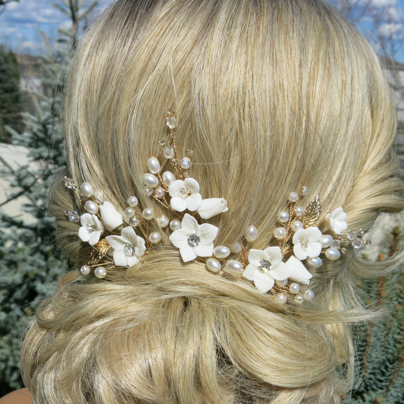Set of 3 Flower Hairpins or Bridal Earrings, Wedding U-Shaped Floral Hairpins or Crystal Dangle Earrings - KaleaBoutique.com