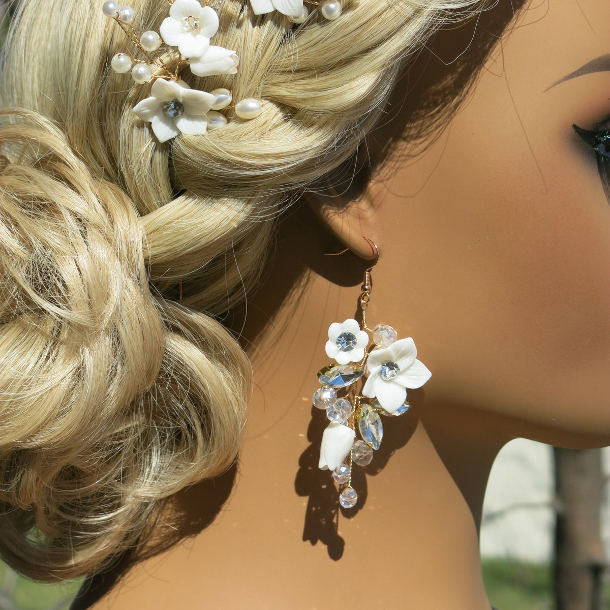 Set of 3 Flower Hairpins or Bridal Earrings, Wedding U-Shaped Floral Hairpins or Crystal Dangle Earrings - KaleaBoutique.com