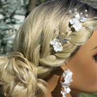 Two Flowers 2 PC Bridal Hairpin Set, Wedding Ceramic U Shape Hair Pins, Wired Pearl Hair Pins, in Gold or Silver - KaleaBoutique.com