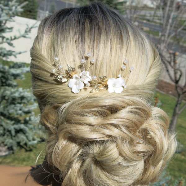 Two Flowers 2 PC Bridal Hairpin Set, Wedding Ceramic U Shape Hair Pins, Wired Pearl Hair Pins, in Gold or Silver - KaleaBoutique.com