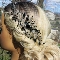 Black Gem Bridal Hair Comb, Rhinestone Gothic Hairpiece, Large Wedding Black Crystal Headpiece - KaleaBoutique.com