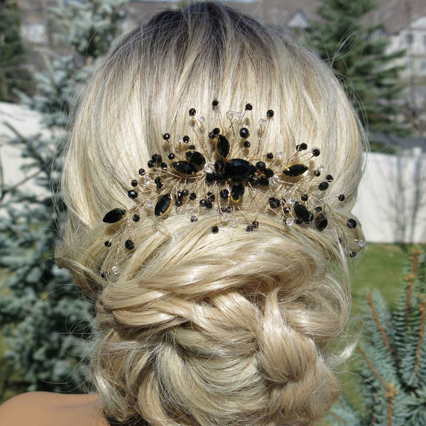 Black Gem Bridal Hair Comb, Rhinestone Gothic Hairpiece, Large Wedding Black Crystal Headpiece - KaleaBoutique.com