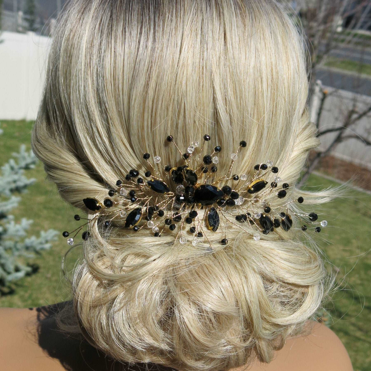 Black Gem Bridal Hair Comb, Rhinestone Gothic Hairpiece, Large Wedding Black Crystal Headpiece - KaleaBoutique.com