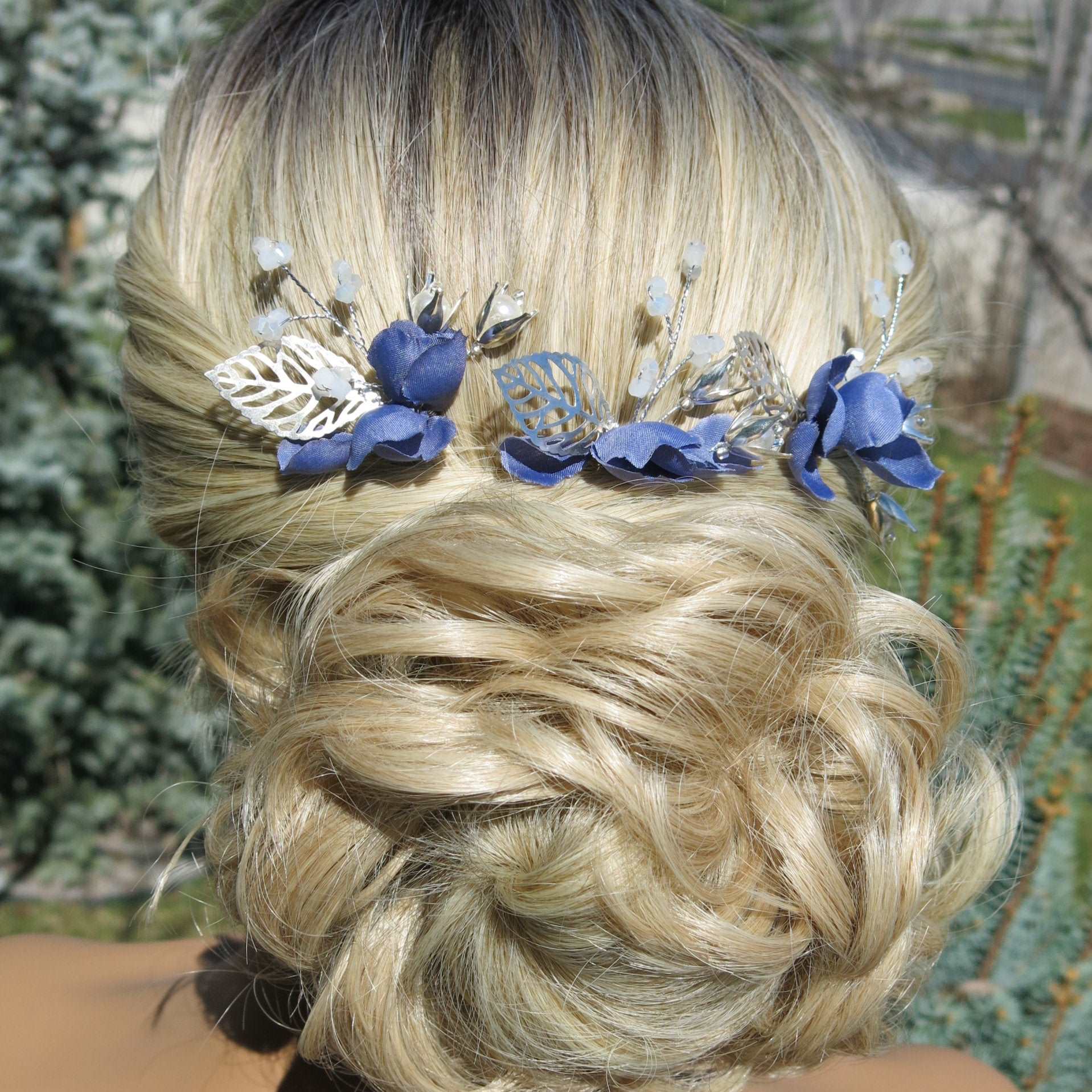 Blue Flowers 3 PC Bridal Hairpin Set, Wedding Blue Silk  display picture 1