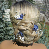Blue Flowers 3 PC Bridal Hairpin Set, Wedding Blue Silk Flower U-Shape Hair Pins, Bridesmaid Blue Flower Hairpins, Bride Flower Blue Hairpin - KaleaBoutique.com