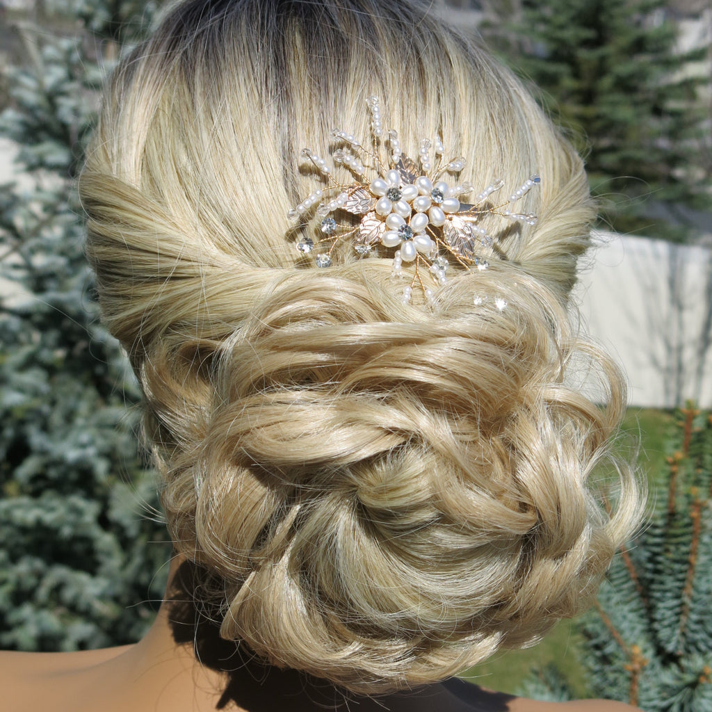 Pearl Flower Small Gold Hairclip, Bridal Swarovski Crystal Hairpiece, Wedding Floral Alligator Hair Clip - KaleaBoutique.com