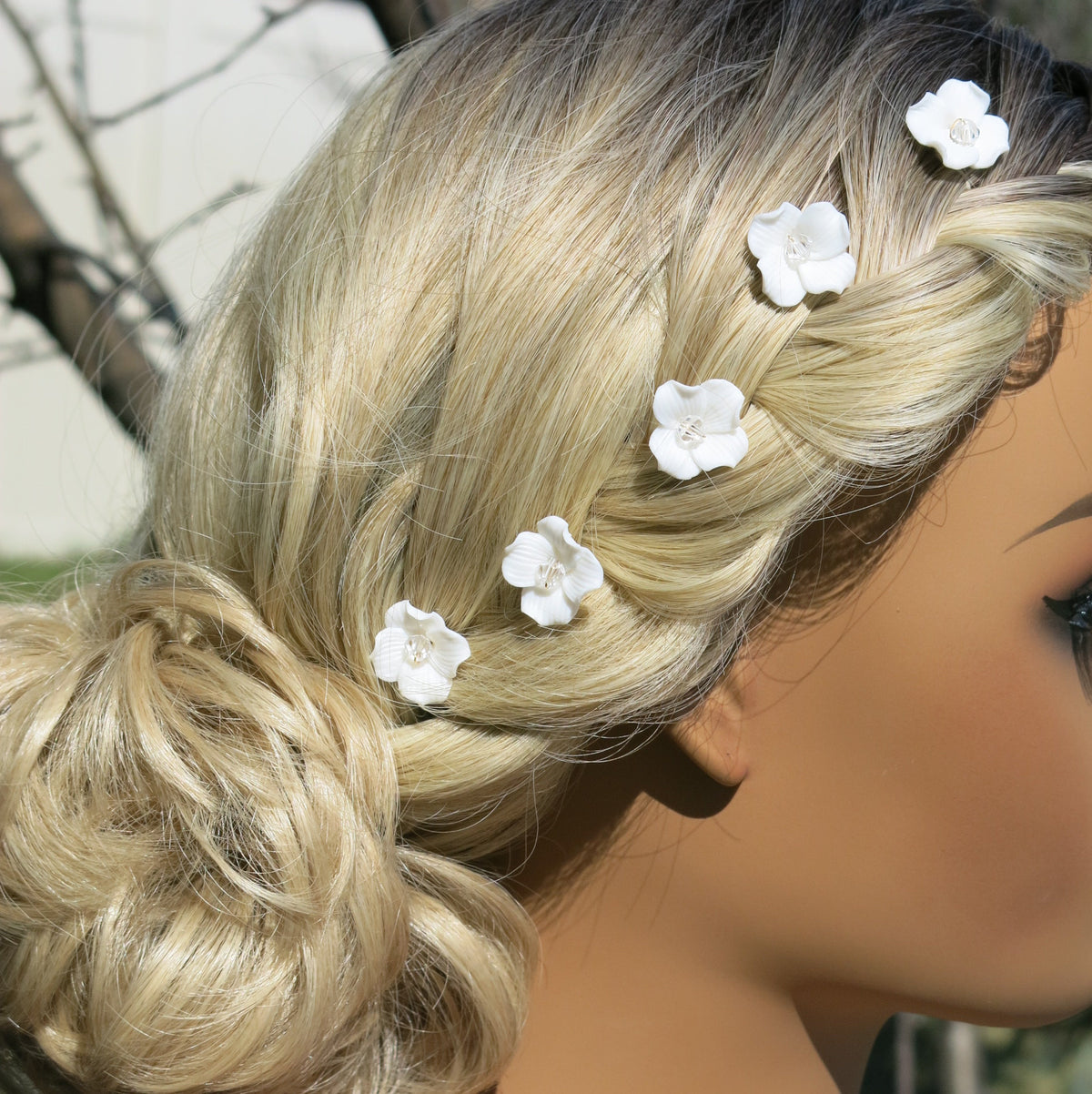 Porcelain Flower 5 PC Hairpin Set, Wedding Ceramic Floral U Hair Pins, Bridal White Flower Hand Wired Hairpins, Set of 5 PC - KaleaBoutique.com