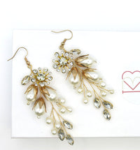 Floral Pearl Prom Earrings, Wedding Boho Gold Wire Flower Earrings, Bridal Dangle Earrings - KaleaBoutique.com