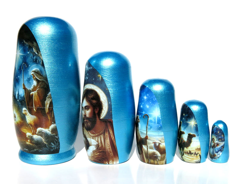 Traditional Watercolor Style Nativity Nesting Doll, 5 Piece Hand Crafted Nested Doll - KaleaBoutique.com