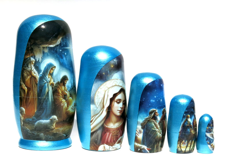 Traditional Watercolor Style Nativity Nesting Doll, 5 Piece Hand Crafted Nested Doll - KaleaBoutique.com