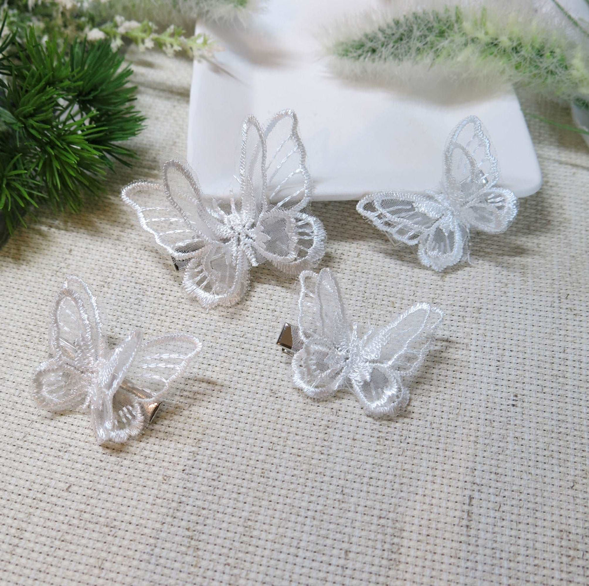 Bridal Double Butterfly 4 PC Hairclip Set for Wedding, White Chiffon Embroidered Butterfly Alligator Hair Clips - KaleaBoutique.com