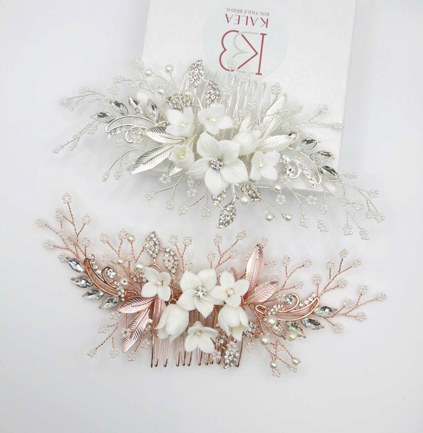 Clay Flower Crystal Bead Hair Comb, Pearl Leaf Bridal Hair Comb, Wedding Ceramic White Flower Hairpiece - KaleaBoutique.com