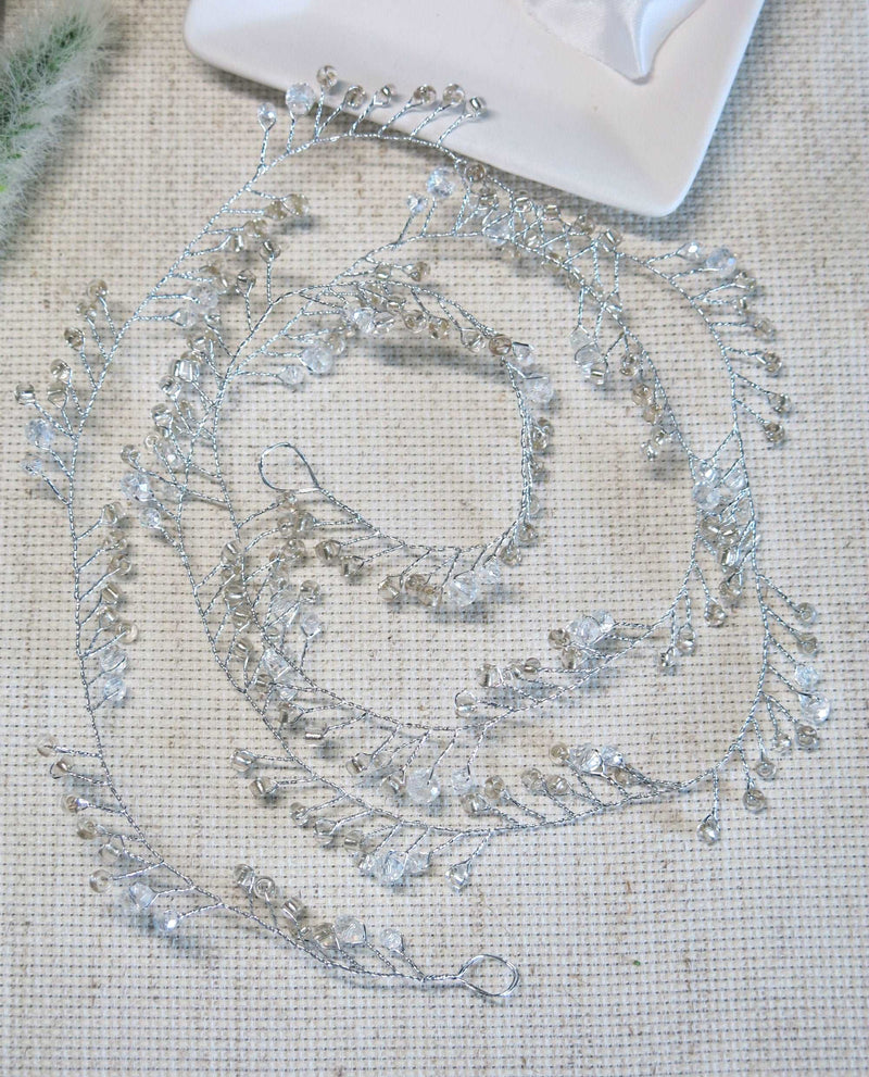 X-Long Silver Hair Vine, Crystal Bead Long Hair Wire Head Wreath, Wedding Silver Headband Gem Hairpiece - KaleaBoutique.com