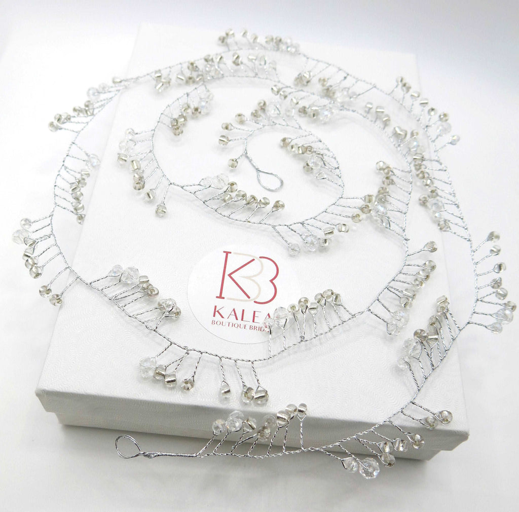 X-Long Silver Hair Vine, Crystal Bead Long Hair Wire Head Wreath, Wedding Silver Headband Gem Hairpiece - KaleaBoutique.com