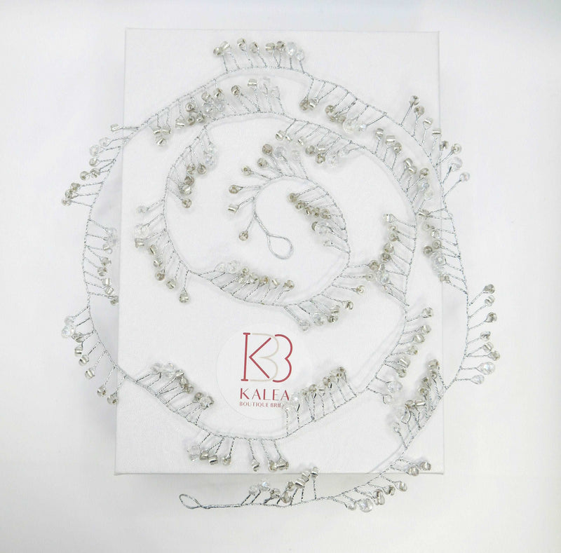 X-Long Silver Hair Vine, Crystal Bead Long Hair Wire Head Wreath, Wedding Silver Headband Gem Hairpiece - KaleaBoutique.com