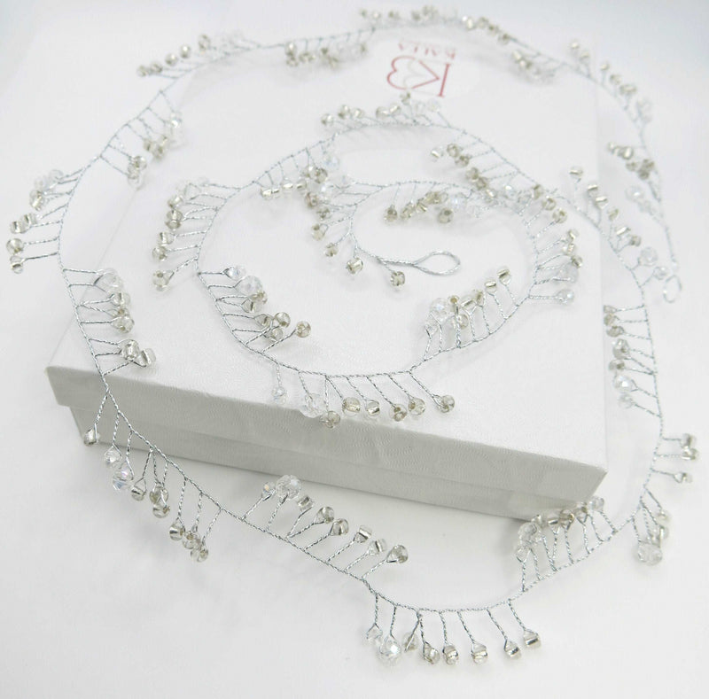 X-Long Silver Hair Vine, Crystal Bead Long Hair Wire Head Wreath, Wedding Silver Headband Gem Hairpiece - KaleaBoutique.com