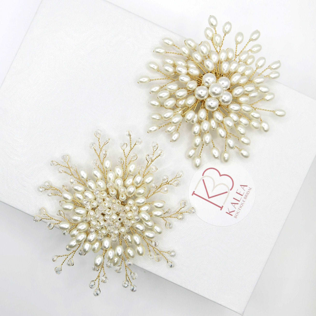 Starburst Pearl Bridal Circle Brooch, Gold Wire Pearl Flower Brooch, Large Wedding Pearl Cluster Floral Brooch - KaleaBoutique.com