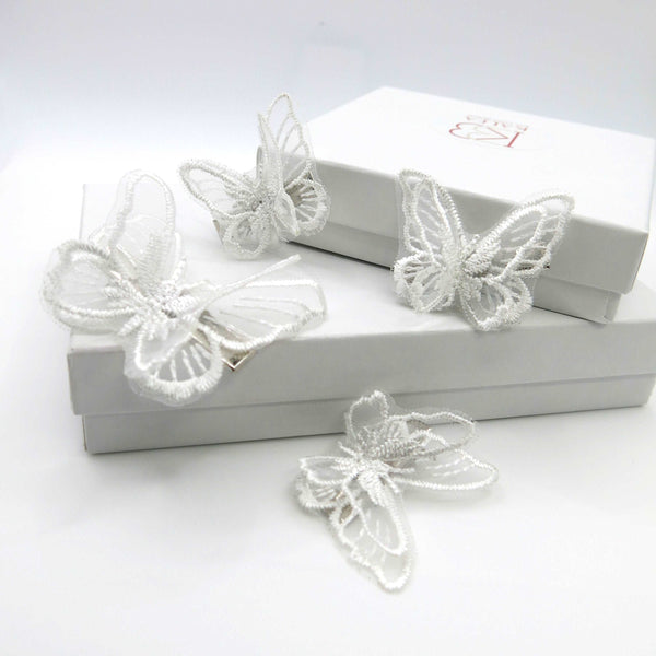 Bridal Double Butterfly 4 PC Hairclip Set for Wedding, White Chiffon Embroidered Butterfly Alligator Hair Clips - KaleaBoutique.com