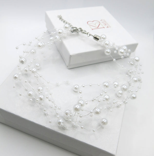 Floating Multi Strand White Pearl Choker Necklace, Wedding Multi Layer White Floating Pearl Necklace - KaleaBoutique.com