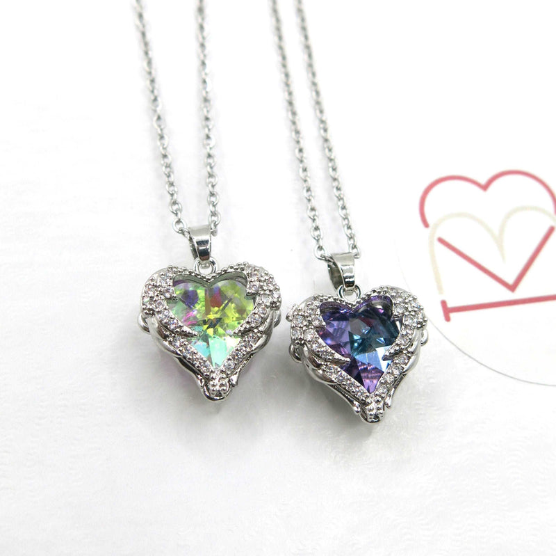 Aurora Borealis Crystal Heart Pendant Necklace, Crystal AB Gem Heart Charm Silver Chain Fashion Necklace - KaleaBoutique.com