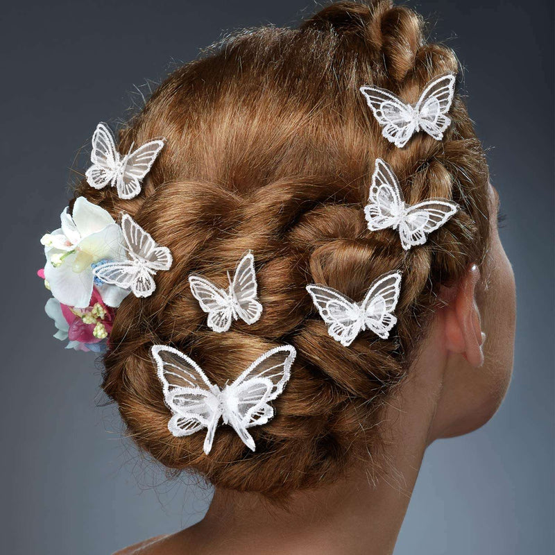 Bridal Double Butterfly 4 PC Hairclip Set for Wedding, White Chiffon Embroidered Butterfly Alligator Hair Clips - KaleaBoutique.com