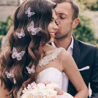 Bridal Double Butterfly 4 PC Hairclip Set for Wedding, White Chiffon Embroidered Butterfly Alligator Hair Clips - KaleaBoutique.com