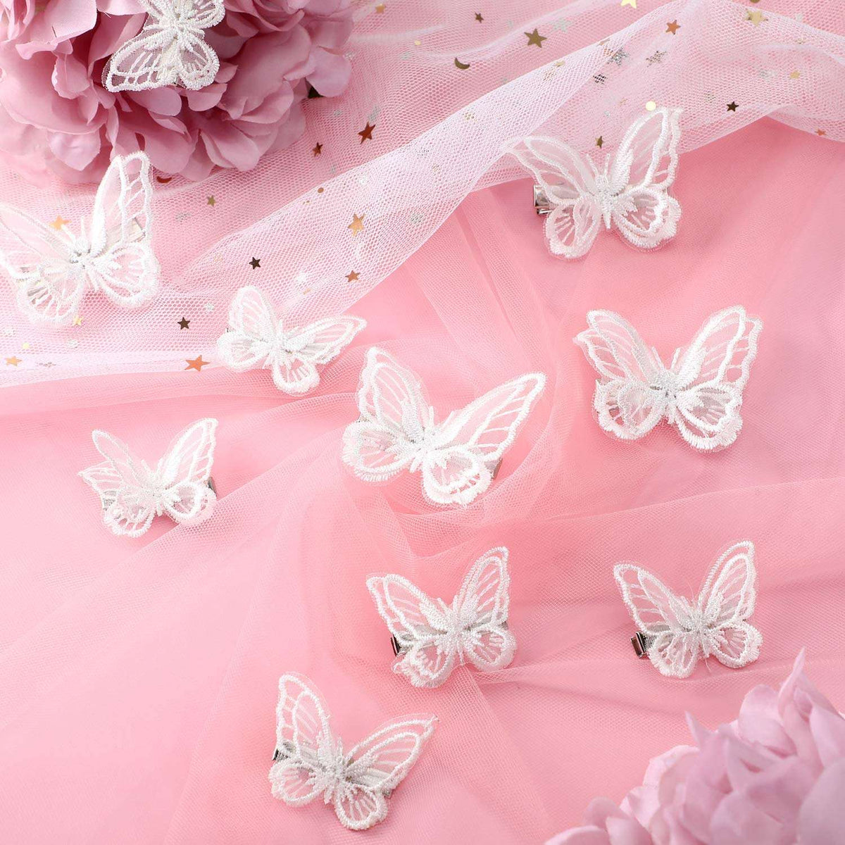 Bridal Double Butterfly 4 PC Hairclip Set for Wedding, White Chiffon Embroidered Butterfly Alligator Hair Clips - KaleaBoutique.com